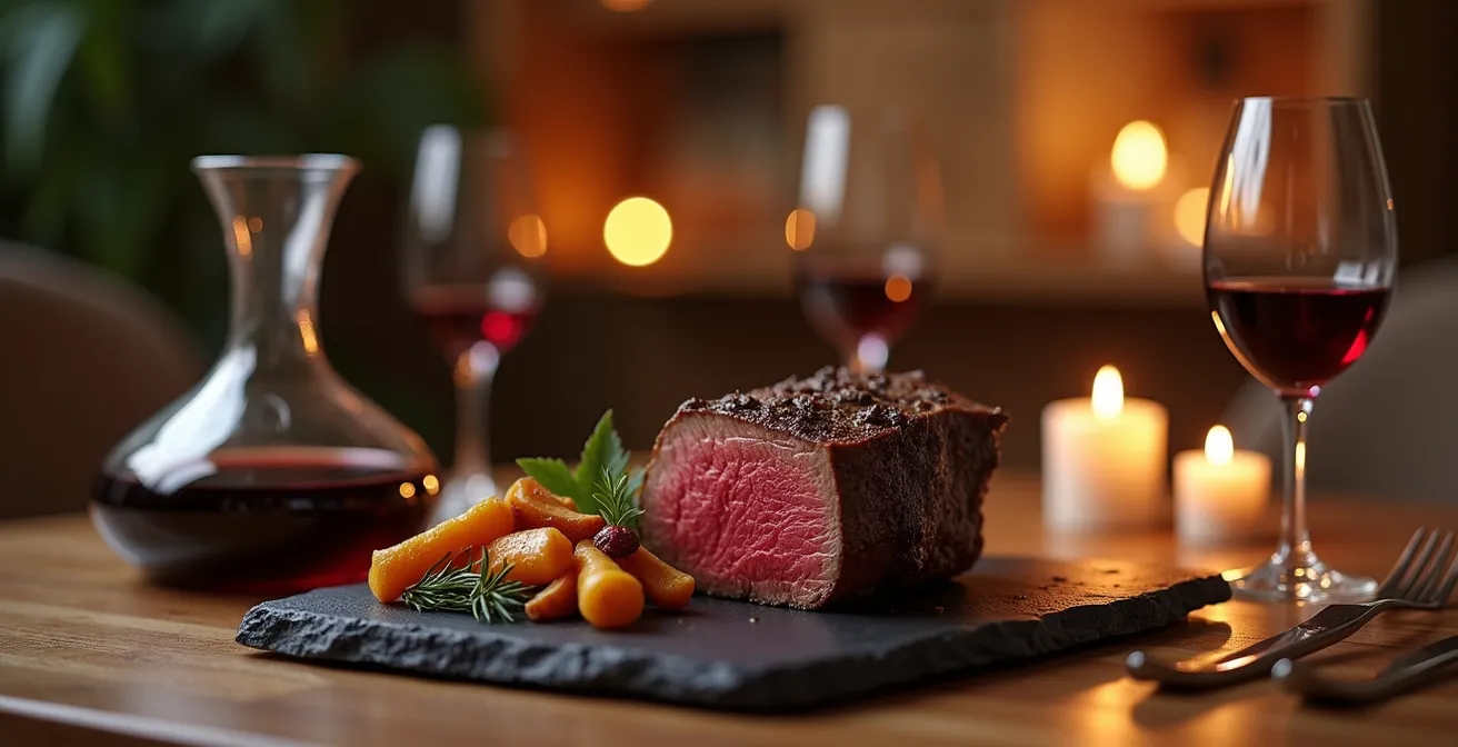 Elegante Tischszene mit alkoholfreiem Rotwein und Rinderbraten