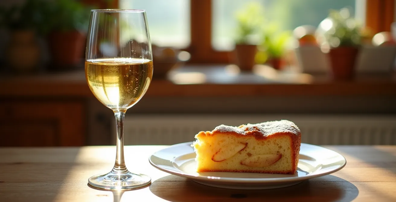 Riesling Auslese neben traditionellem deutschen Apfelkuchen