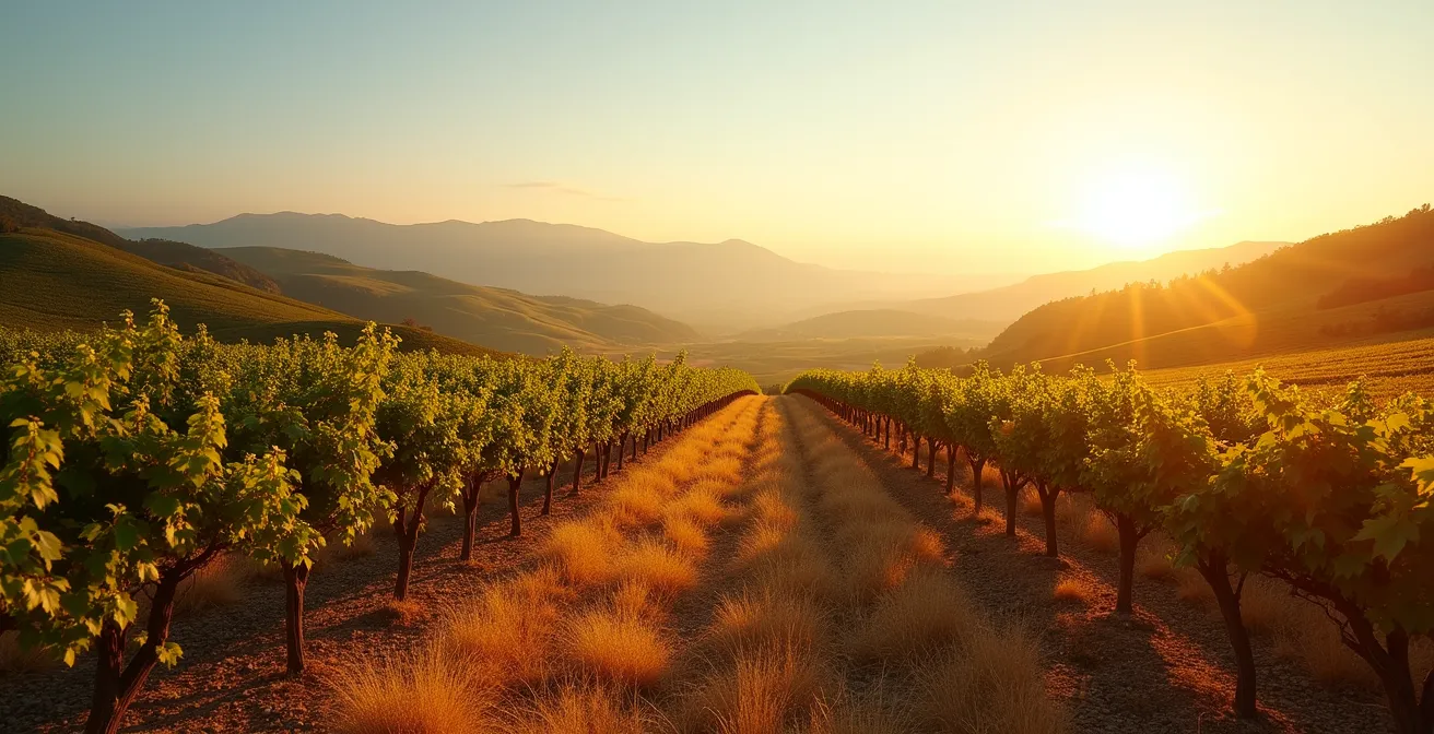 Panoramablick über sonnendurchflutete Weinberge des Kaiserstuhls mit mediterraner Atmosphäre