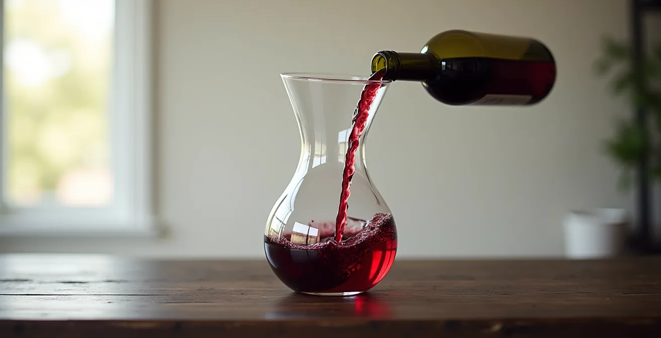 Rotwein wird elegant in eine bauchige Kristallkaraffe dekantiert, sichtbare Sauerstoffblasen zeigen die Belüftung