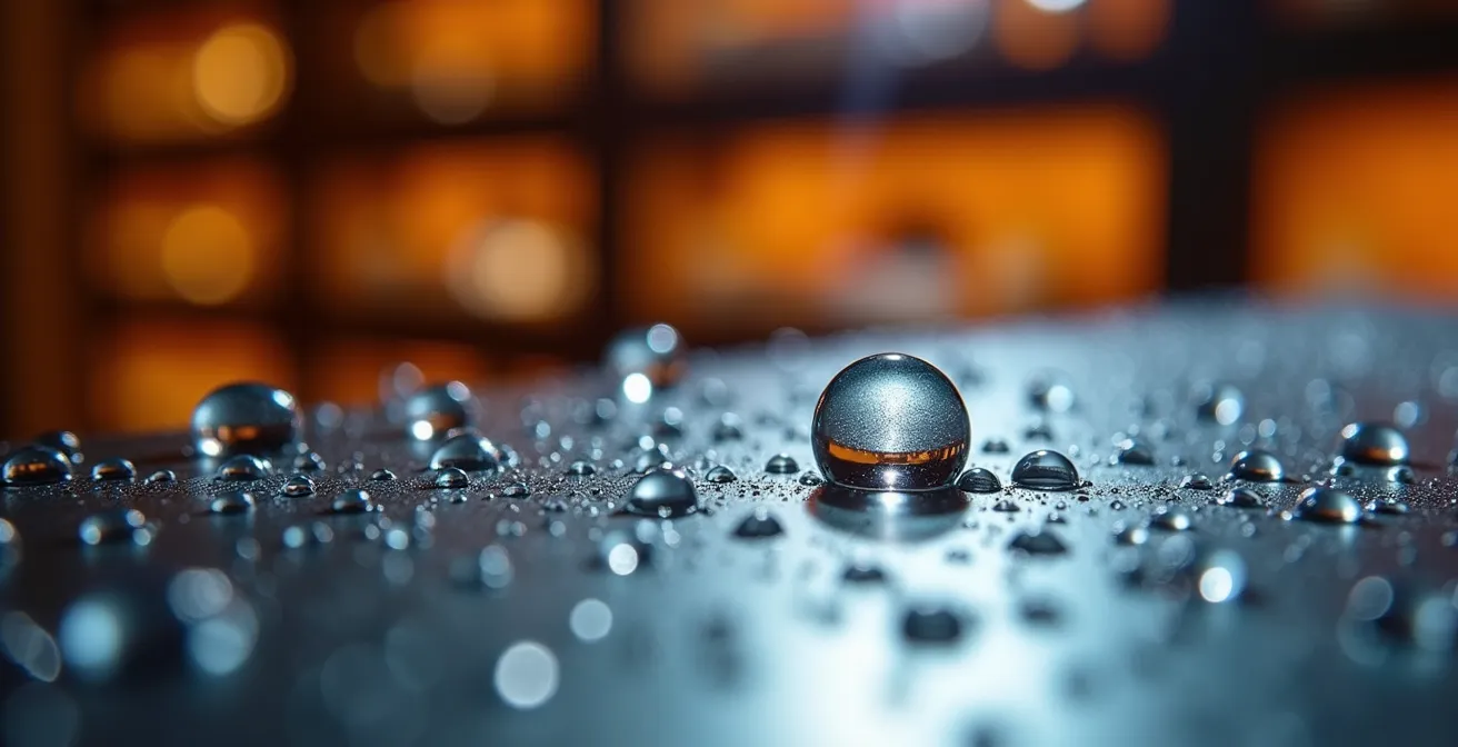 Makroaufnahme eines digitalen Hygrometers mit Wassertropfen auf der Oberfläche, unscharfer Weinkeller im Hintergrund