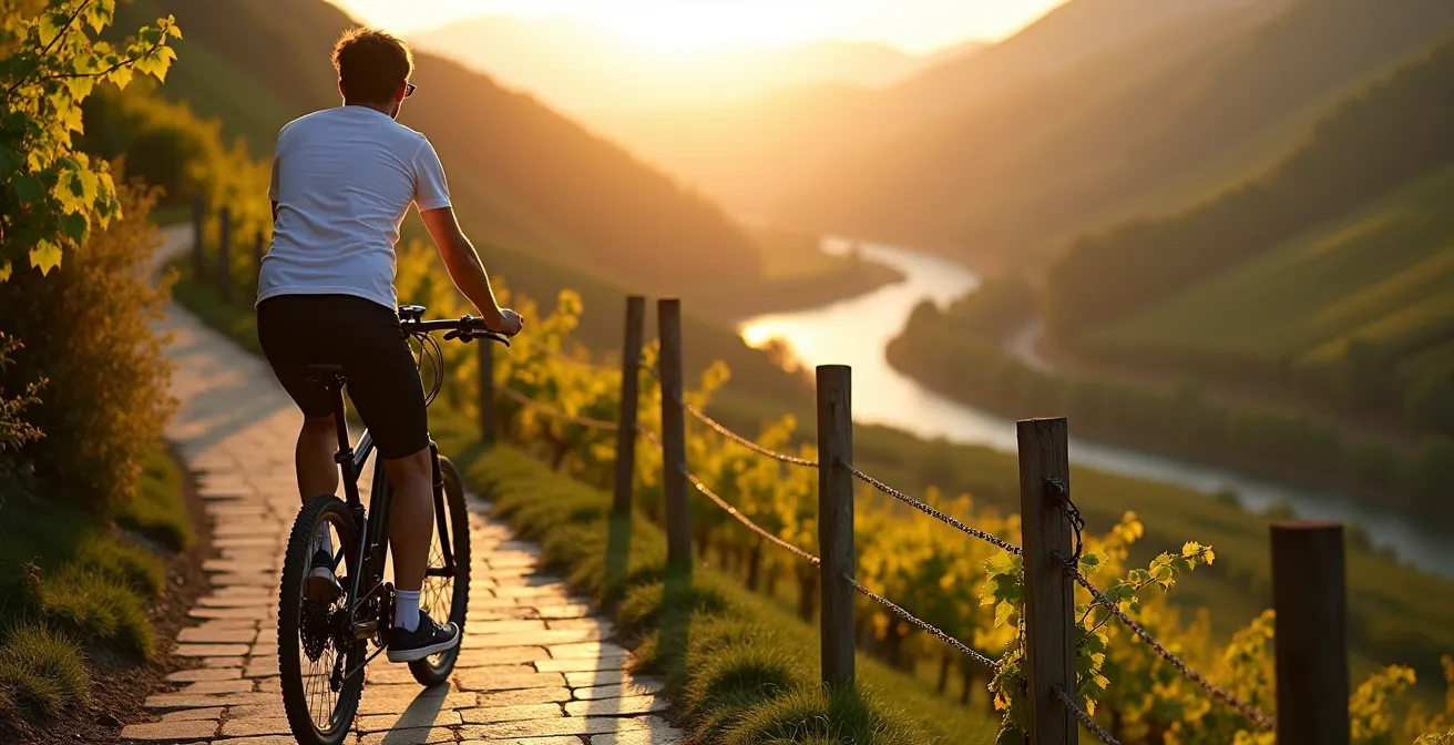 E-Bike-Fahrer auf steilem Weinbergweg mit Moselblick