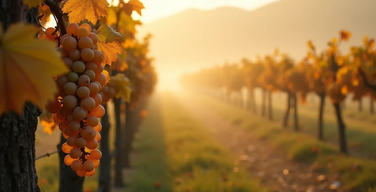Von Edelfäule befallene Rieslingtrauben in goldenem Herbstlicht