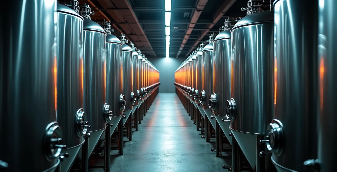 Moderner Weinkeller mit Edelstahltanks in symmetrischer Anordnung