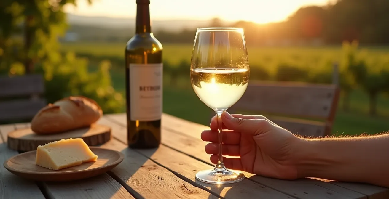 Leichter deutscher Sommerwein in rustikalem Glas auf Holzterrasse