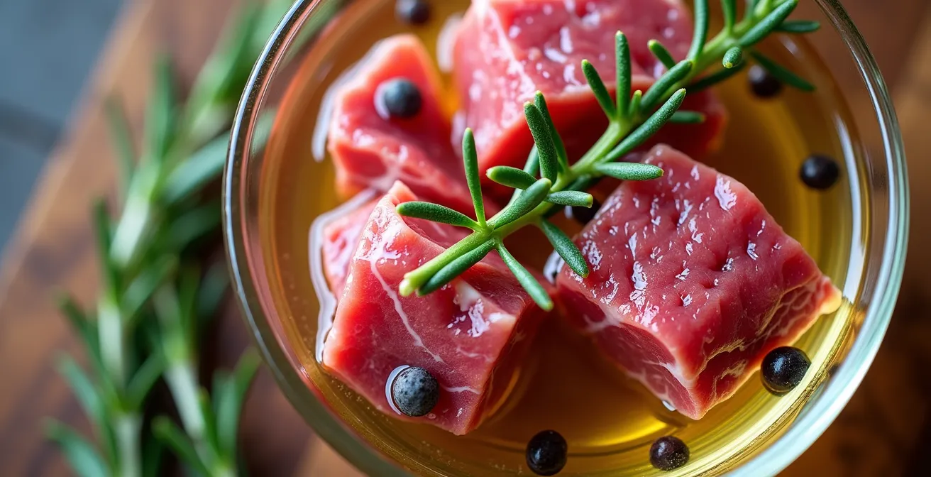 Rohes Fleisch in einer Glasschale mit Weißwein-Kräuter-Marinade