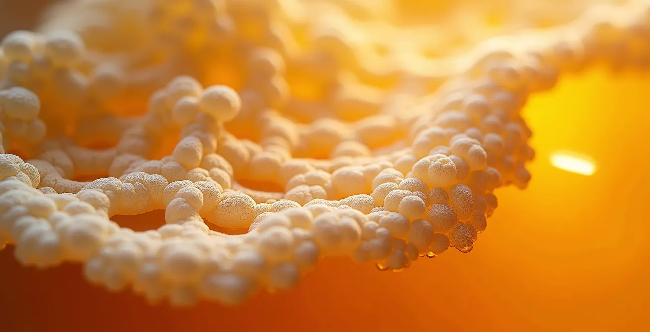 Mikroskopische Darstellung der Florhefe-Schicht auf Weinoberfläche, die wie eine natürliche Schaumschicht auf der Flüssigkeit liegt.