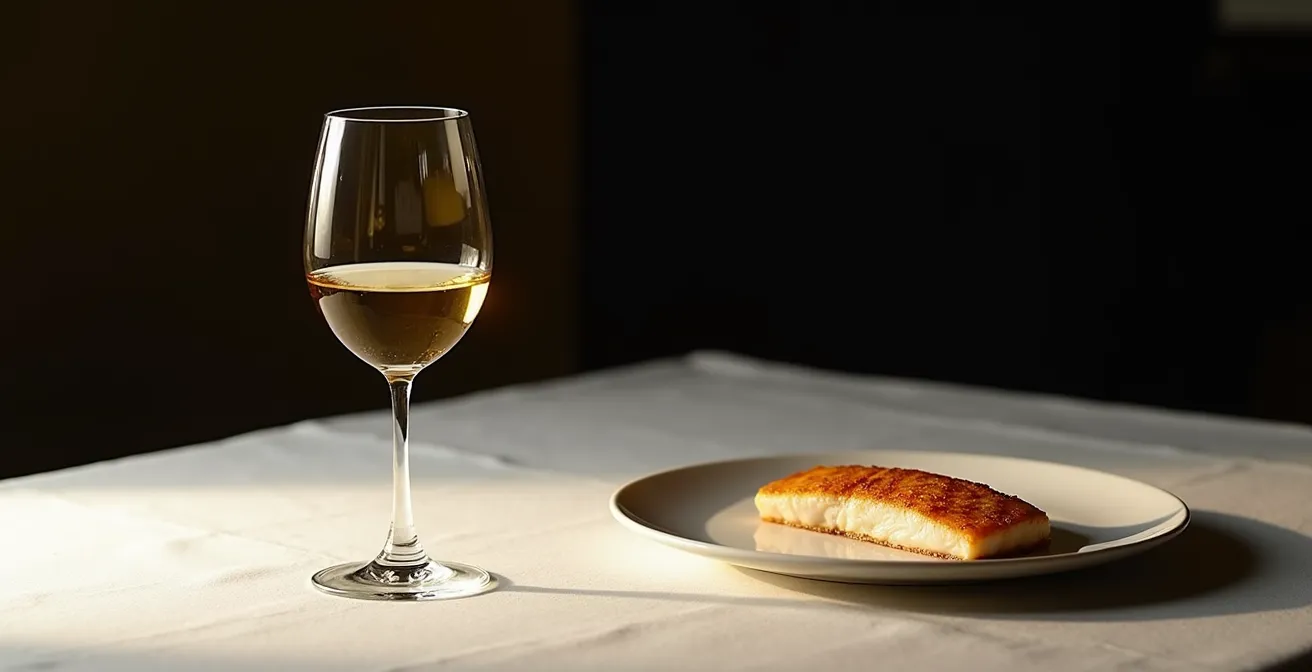 Ein Glas mit tiefgoldenem, gealtertem Riesling steht elegant neben einem minimalistisch angerichteten, perfekt gebratenen Fischfilet.