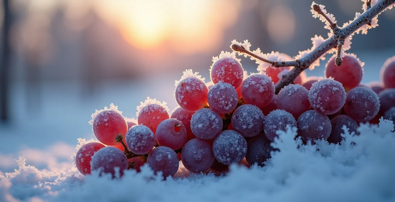 Gefrorene Weintrauben am Rebstock während der Eisweinernte