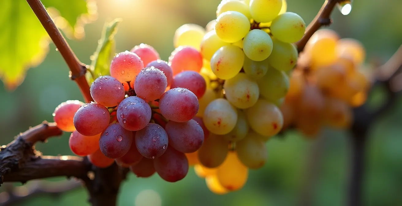 Nahaufnahme verschiedenfarbiger Trauben im selben Weinberg als Symbol für Gemischten Satz