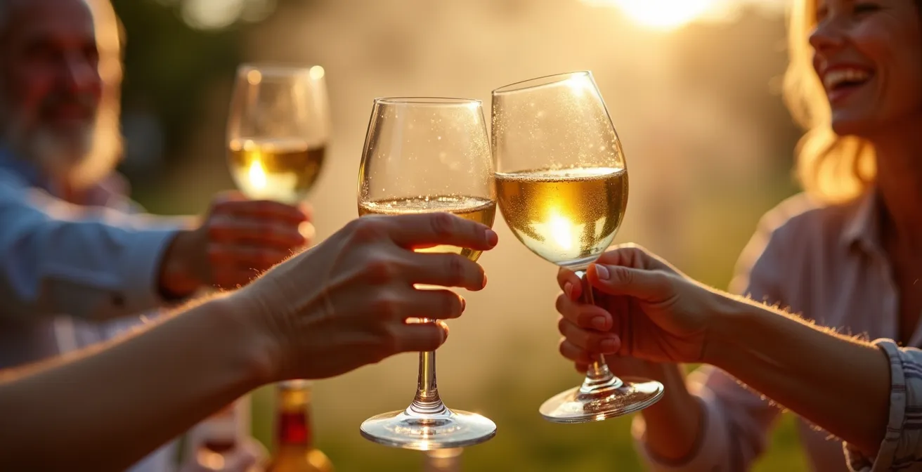 Gegrilltes Fleisch und Weißweingläser in atmosphärischer Gartenszene