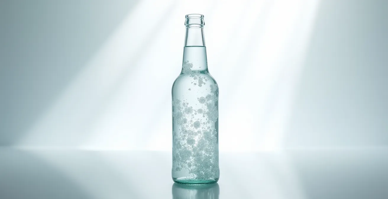 Heilwasserflasche mit sichtbaren mineralischen Ablagerungen im Gegenlicht