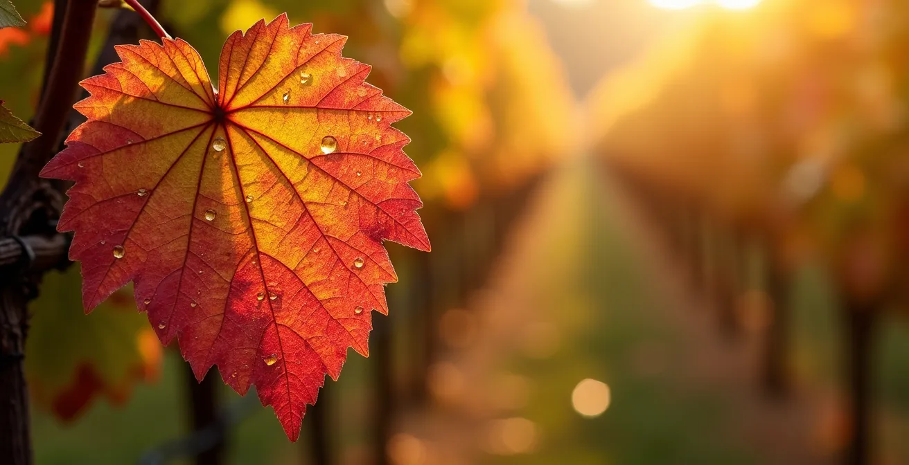 Goldene Weinreben im Herbst mit Morgennebel