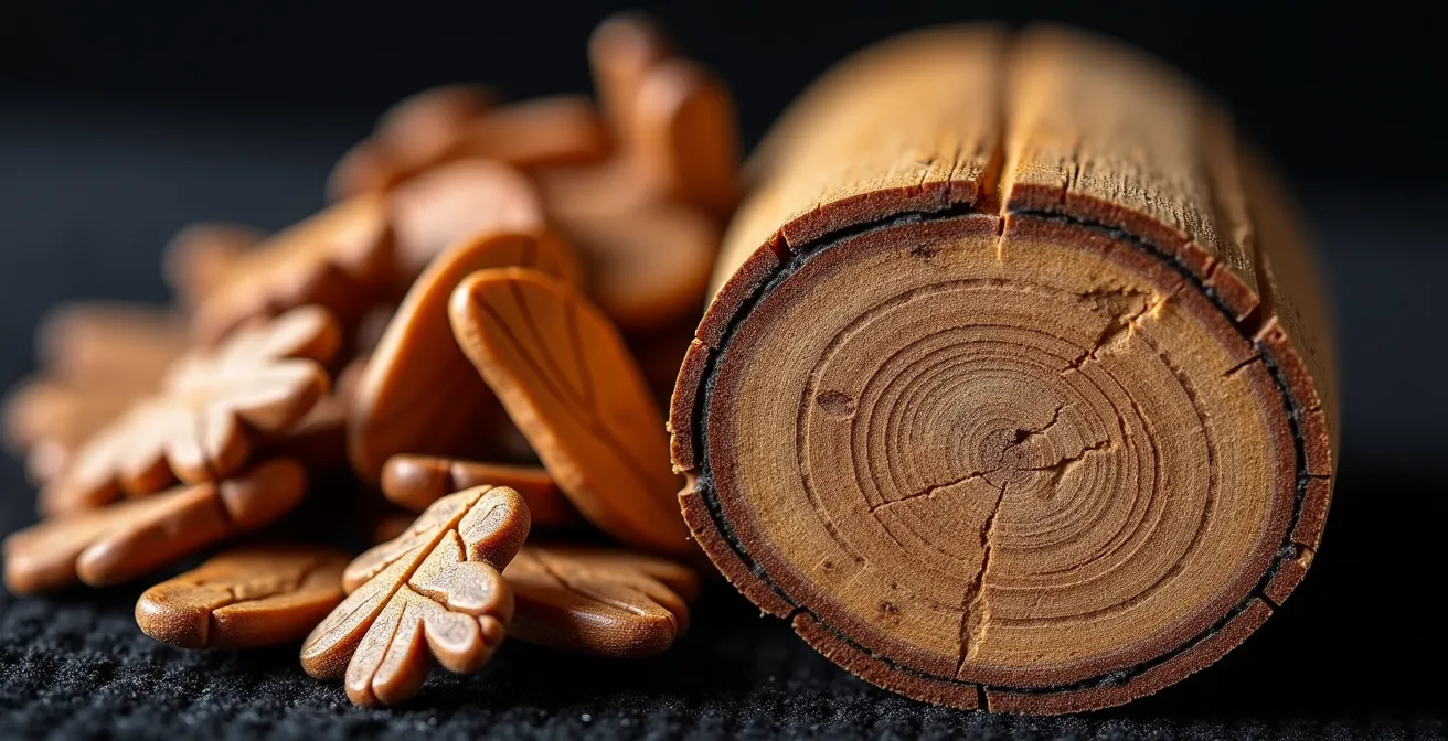 Makroaufnahme von Eichenholzchips neben Barrique-Dauben