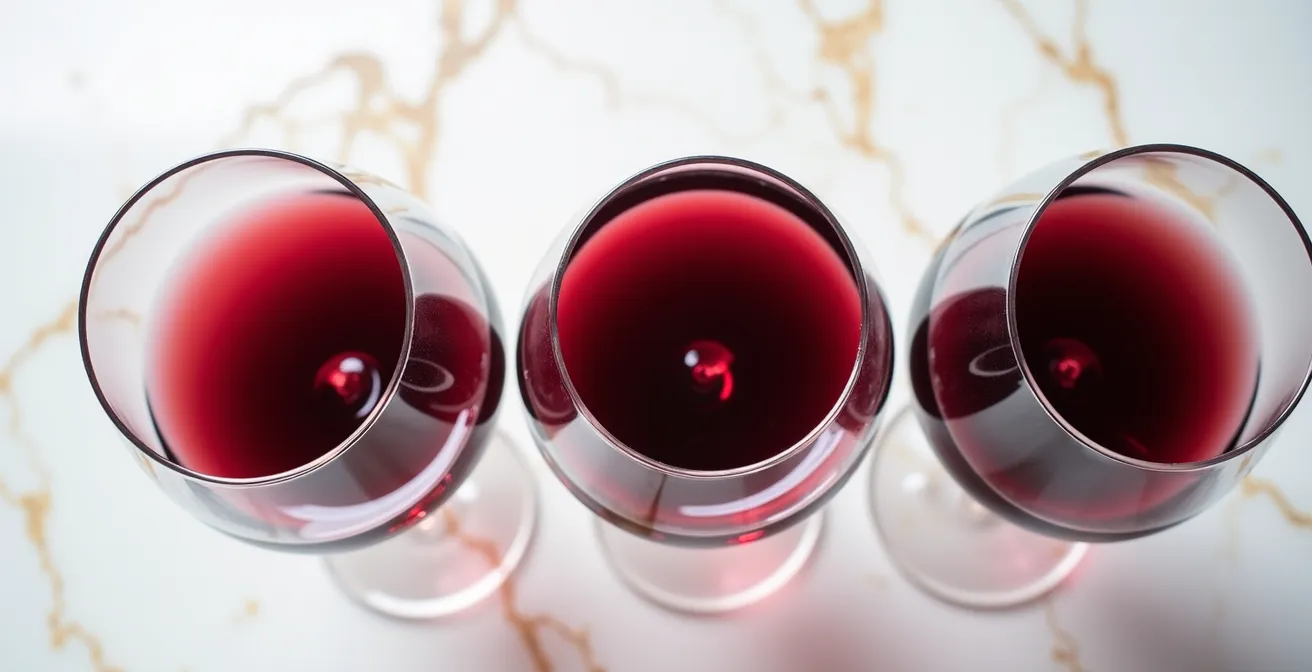 Drei Spätburgunder-Gläser in einer Reihe zur horizontalen Verkostung