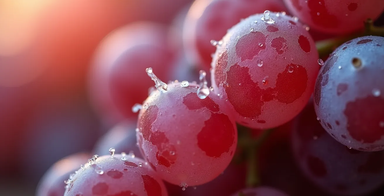 Makroaufnahme von Weintrauben mit Zuckerkristallen zur Visualisierung des Kaloriengehalts