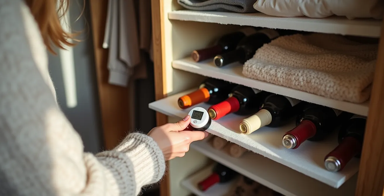 Eine Person platziert Weinflaschen sorgfältig in einem mit Styropor isolierten Fach eines Kleiderschranks.