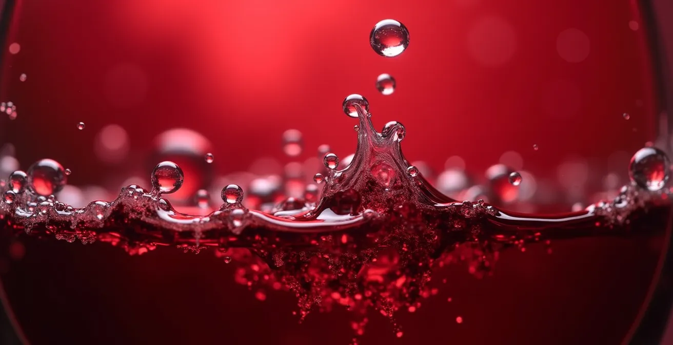 Makroaufnahme von Kohlensäurebläschen in einem Rotweinglas