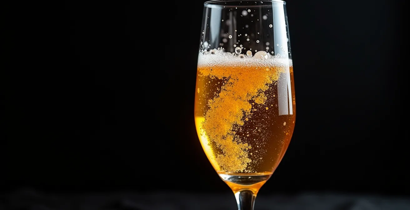 Nahaufnahme von feinen Kohlensäurebläschen, die in einem Glas mit bernsteinfarbenem Kombucha aufsteigen.