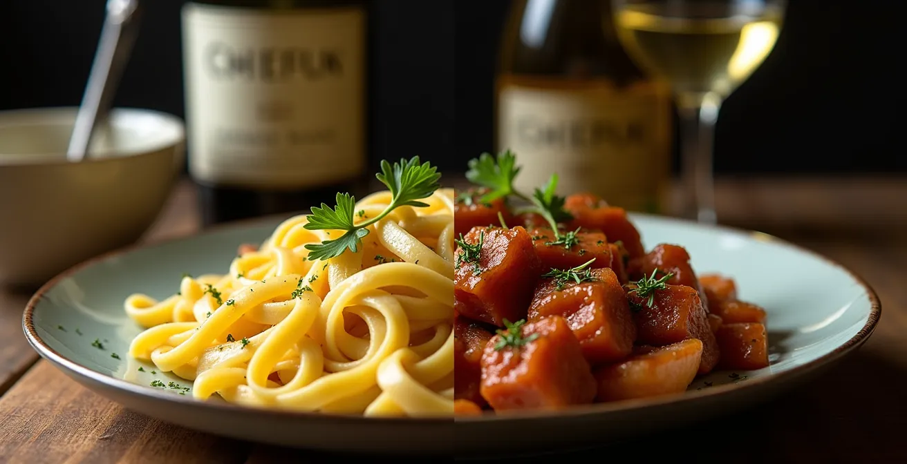 Stillleben zeigt kontrastierende und harmonierende Wein-Speise-Kombinationen