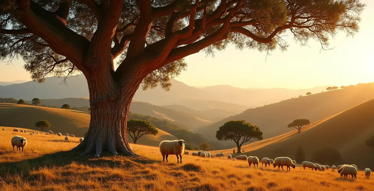 Weitläufige Korkeichenwälder in der spanischen Extremadura mit grasenden Schafen im goldenen Abendlicht