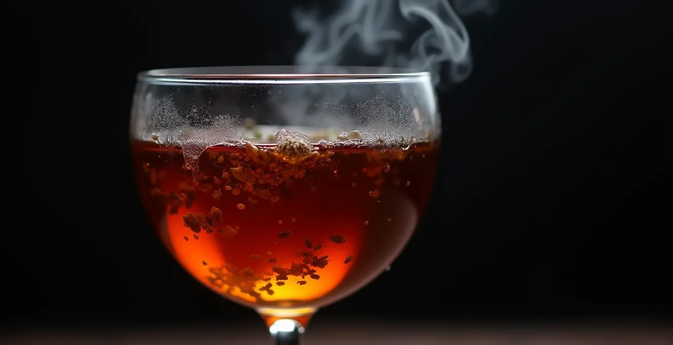 Kräutertee in bauchigem Weinglas mit sichtbaren Dampfschwaden