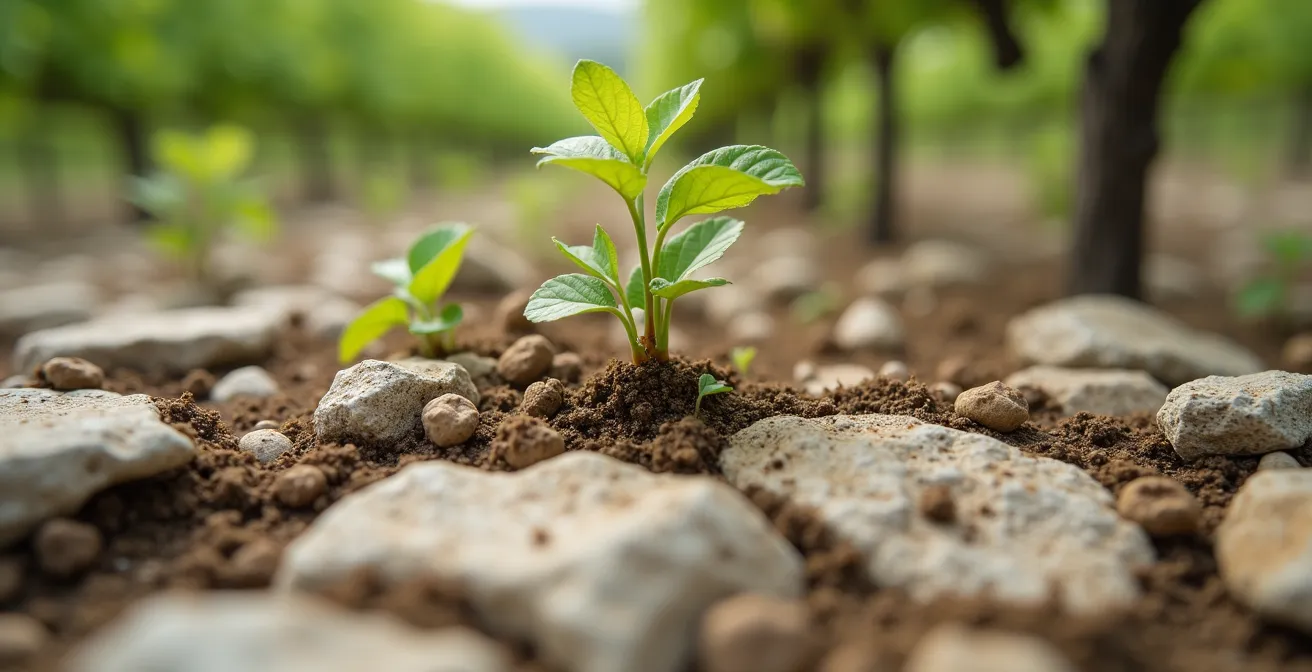 Makroaufnahme von Muschelkalk-Boden mit Rebwurzeln im Saale-Unstrut-Gebiet