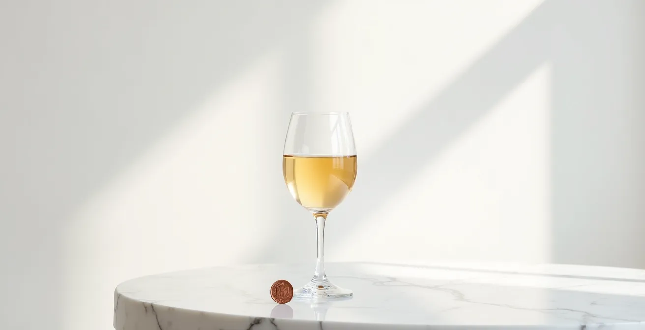 Eine Kupfermünze liegt elegant neben einem Weinglas auf einer weißen Marmorfläche, eine minimalistische Darstellung der Behandlung von Reduktionsnoten im Wein.