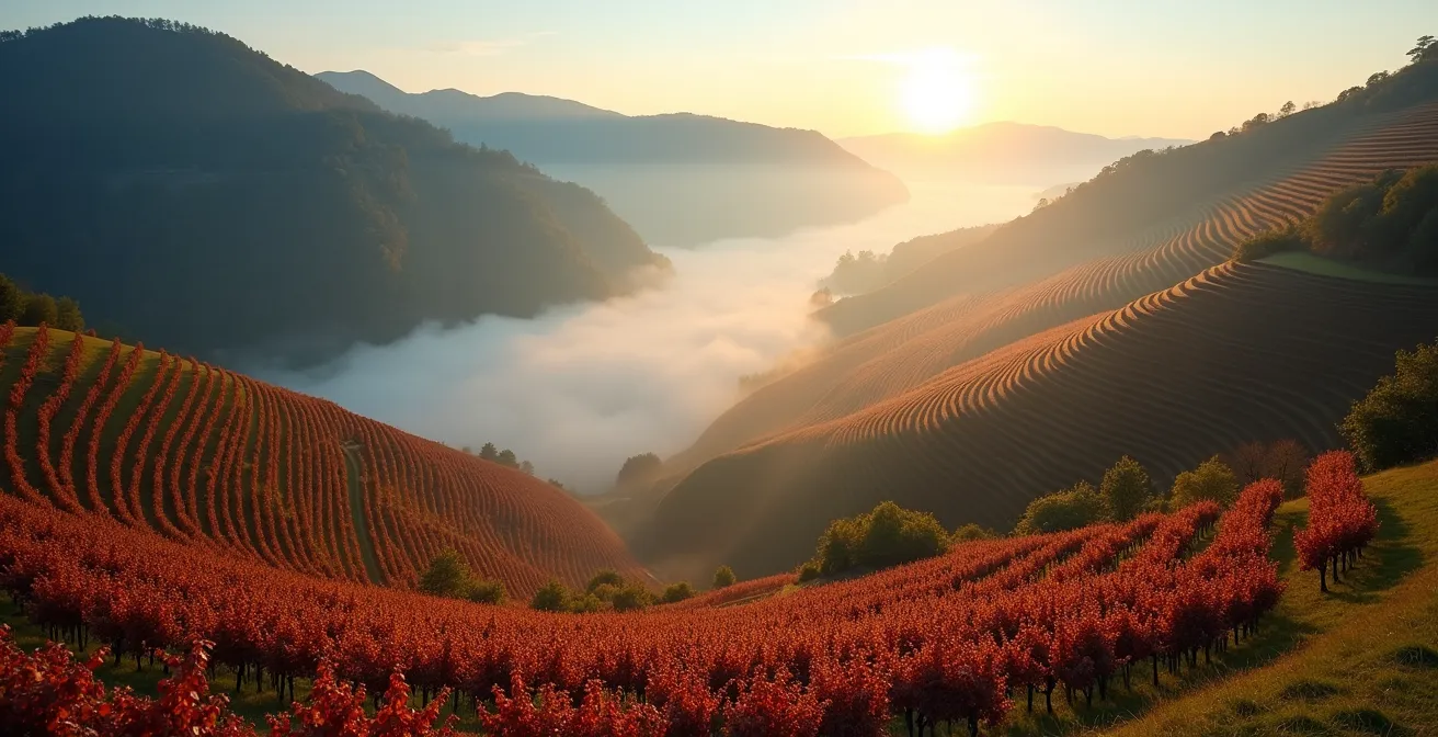 Lemberger-Weinberge im warmen Neckartal während der Herbstfärbung