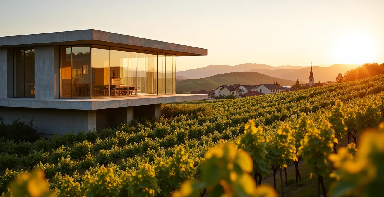 Minimalistischer Glasbaupavillon einer modernen Vinothek zwischen Weinreben bei Sonnenuntergang