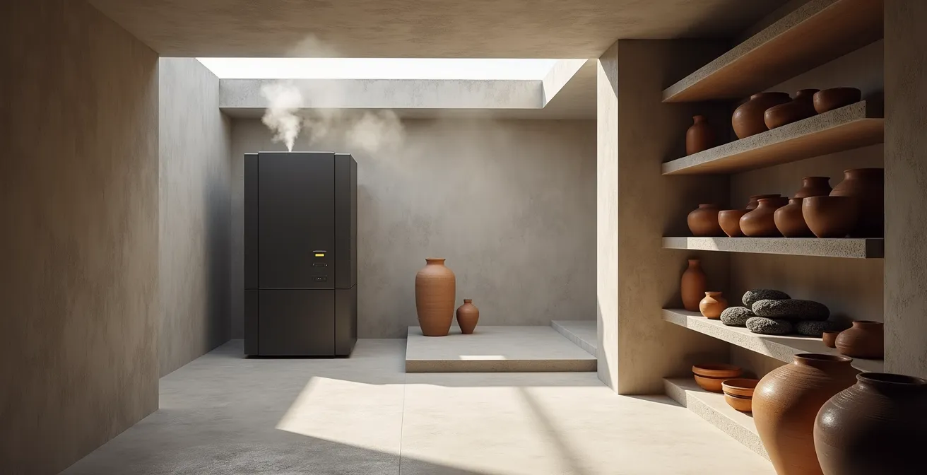 Moderner Neubaukeller mit Betonwänden und professionellem Luftbefeuchter, der feinen Nebel erzeugt, daneben traditionelle Tonröhren als passive Befeuchtungselemente