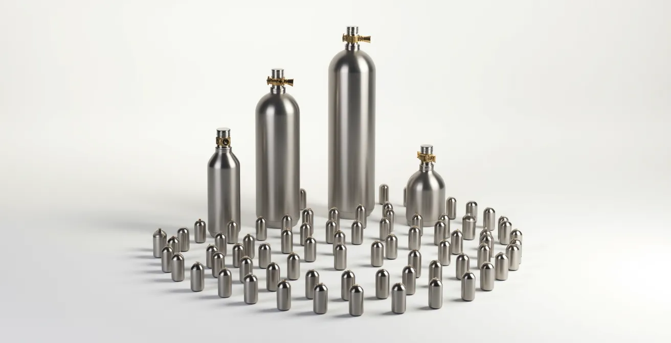 Stillleben mit wiederbefüllbaren Gasflaschen und recycelbaren Kapseln in minimalistischer Anordnung