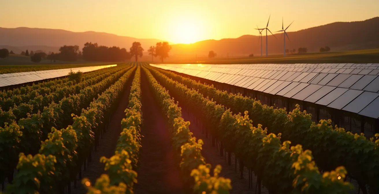 Moderne Solarpanels über Weinreben mit Tröpfchenbewässerung im deutschen Weinberg