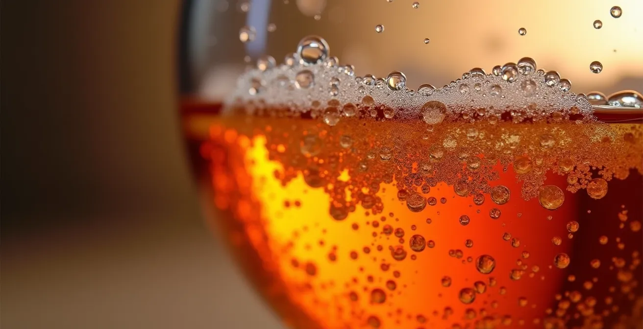 Makroaufnahme von Naturwein mit sichtbaren Hefepartikeln und Textur