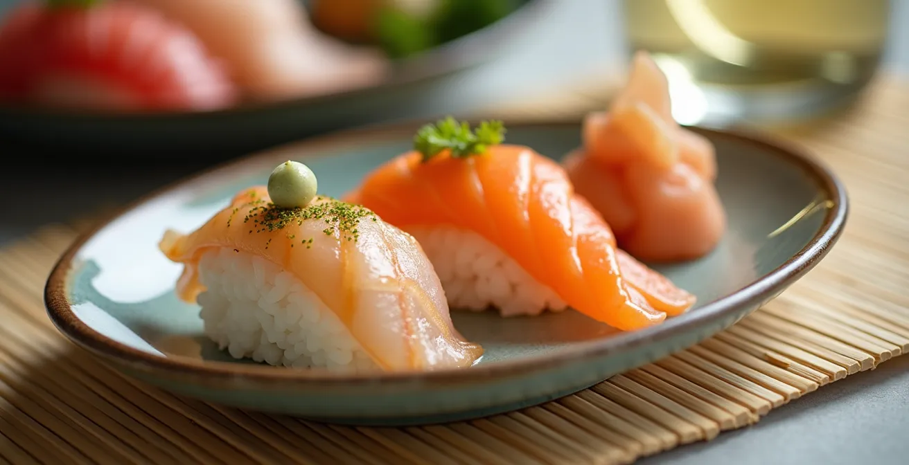 Nahaufnahme von frischem Sushi mit einem Glas Riesling, daneben Wasabi und eingelegter Ingwer in perfekter Harmonie.