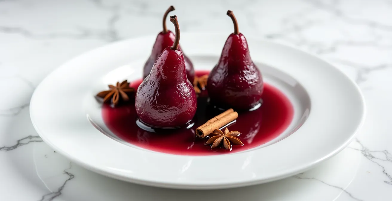 Pochierte Birnen in dunkelroter Rotweinreduktion mit Gewürzen