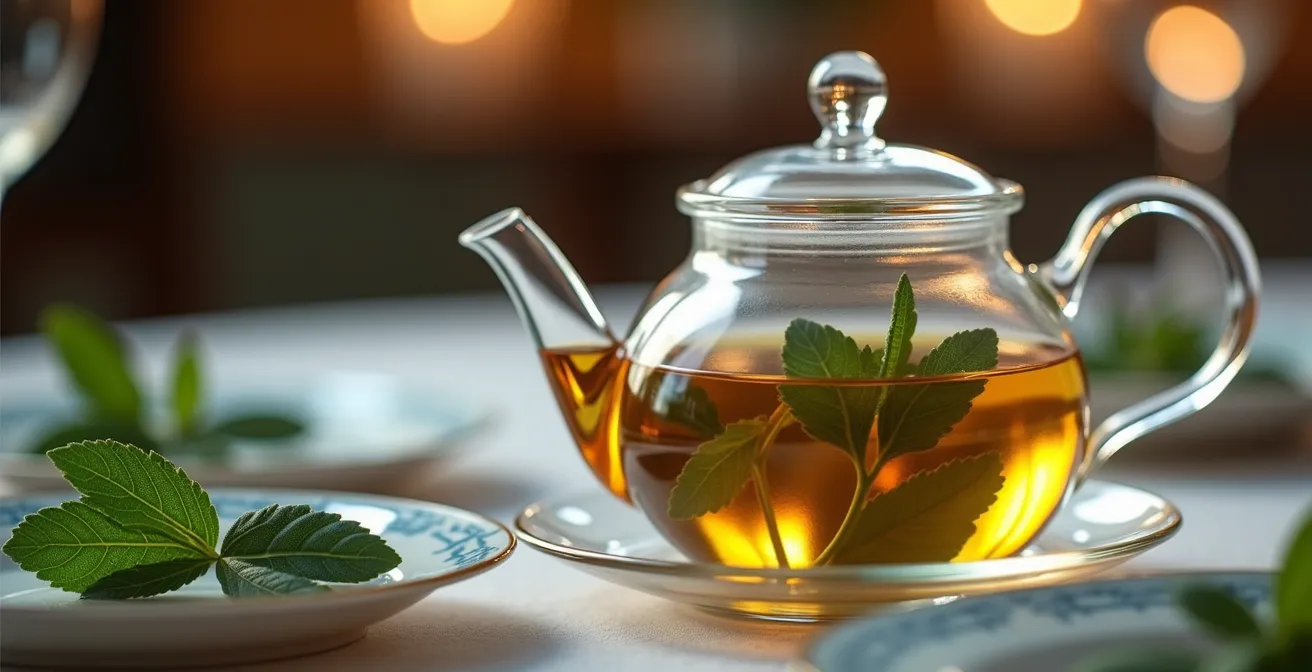 Elegantes Gedeck mit Salbeizweig und Verveine-Tee zwischen Tellern