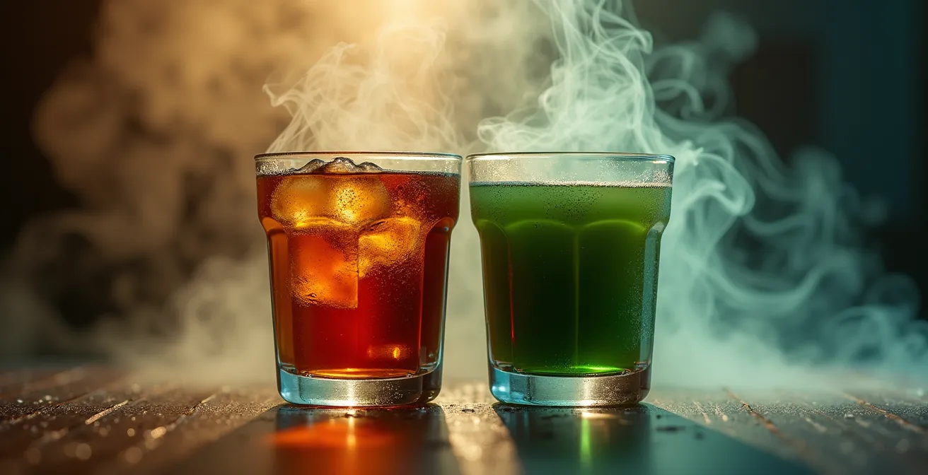 Verschiedene Cold Brew Tees in Gläsern neben saftig gegrilltem Fleisch auf einem rustikalen Holzbrett