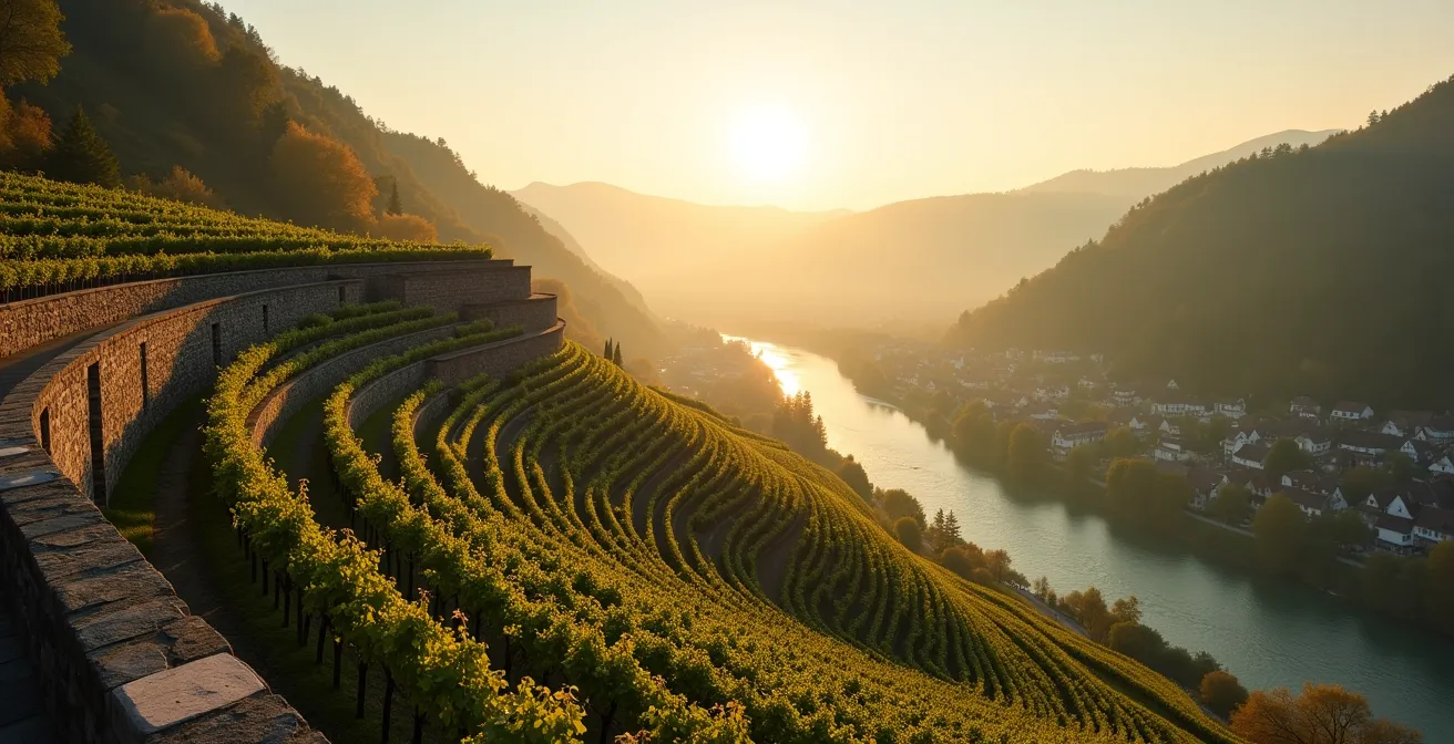 Panoramablick auf steile Mosel-Weinberge mit Schieferterrassen
