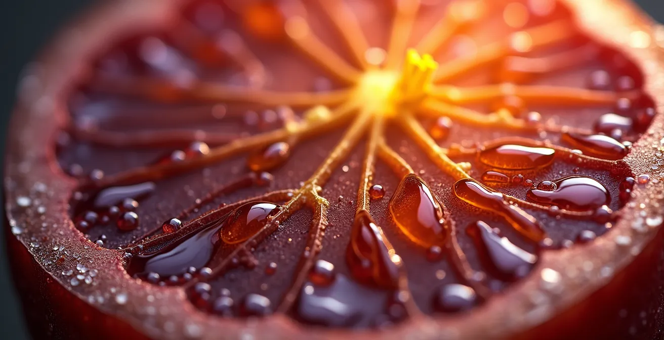 Makroaufnahme von Weintrauben mit sichtbaren Tanninen und Zuckerkristallen