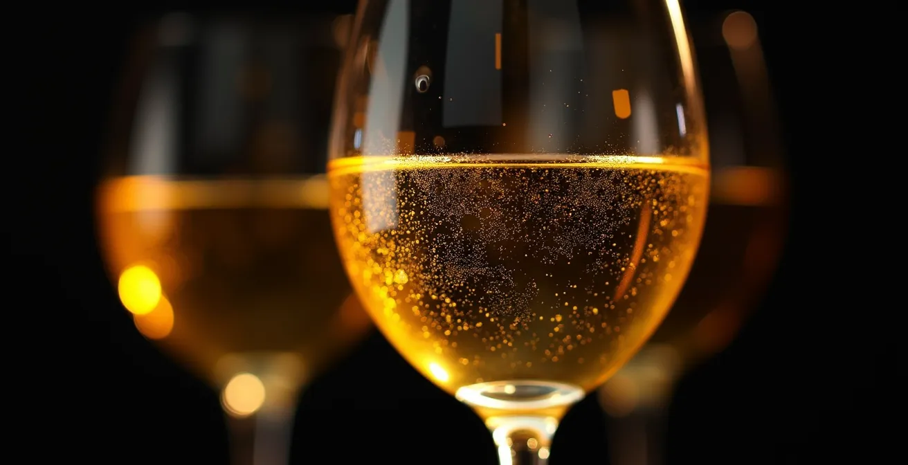 Drei Weingläser mit Riesling in unterschiedlichen Goldtönen, die den sichtbaren Texturvergleich betonen