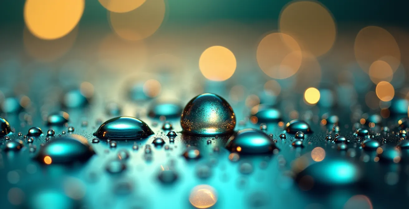 Makroaufnahme von Kondensationstropfen auf gekühlter Weinoberfläche