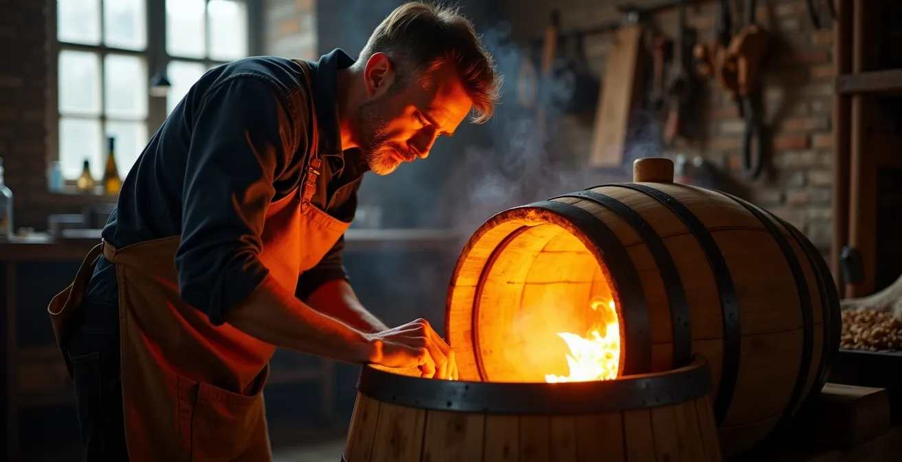 Küfer beim traditionellen Toasting eines Weinfasses über offenem Feuer