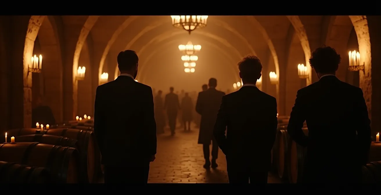 Atmosphärischer historischer Weinkeller mit alten Fässern während einer Versteigerung