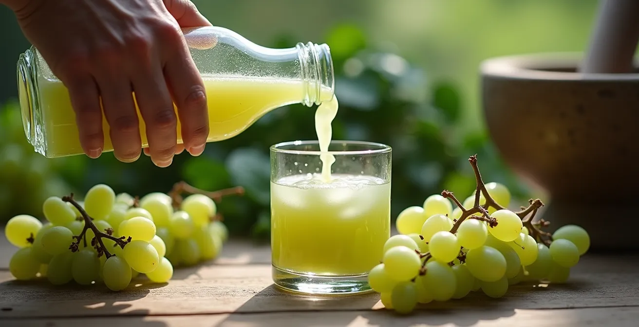 Grüne unreife Trauben neben einer Glaskaraffe mit hellem Verjus auf rustikalem Holztisch