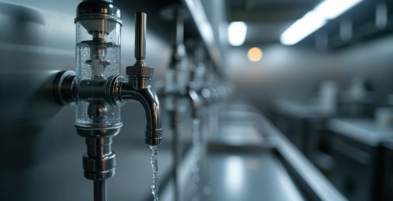 Professionelle Wasseraufbereitungsanlage mit Filterkartusche und Karbonisierer in Restaurantküche
