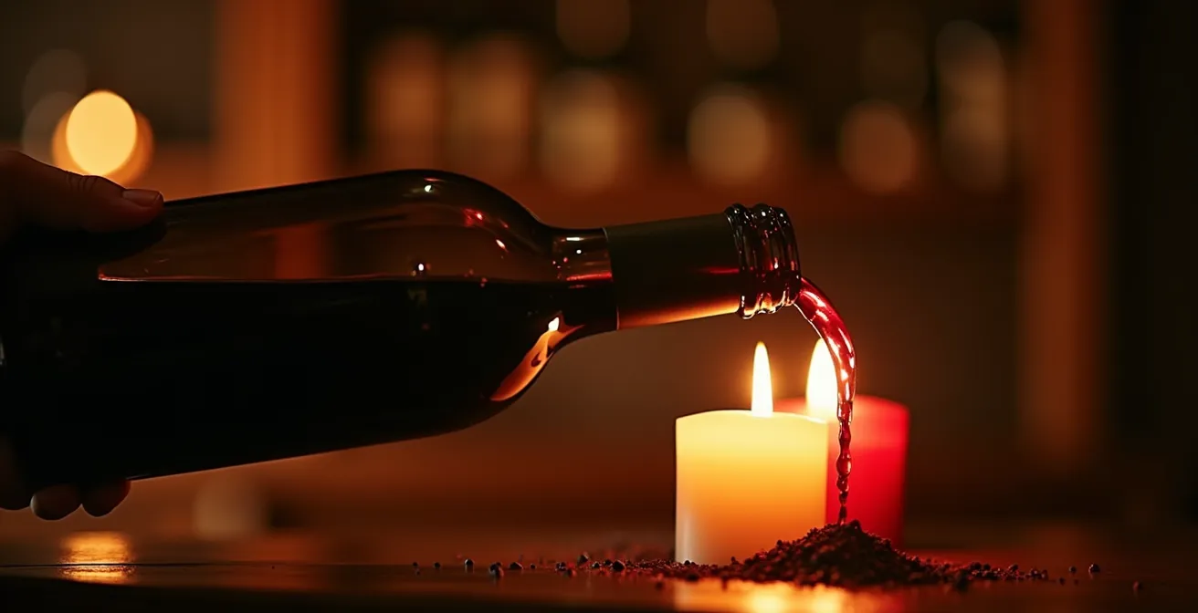 Detailaufnahme einer Weinflasche über Kerzenlicht beim Dekantieren, das Depot ist im Flaschenhals sichtbar