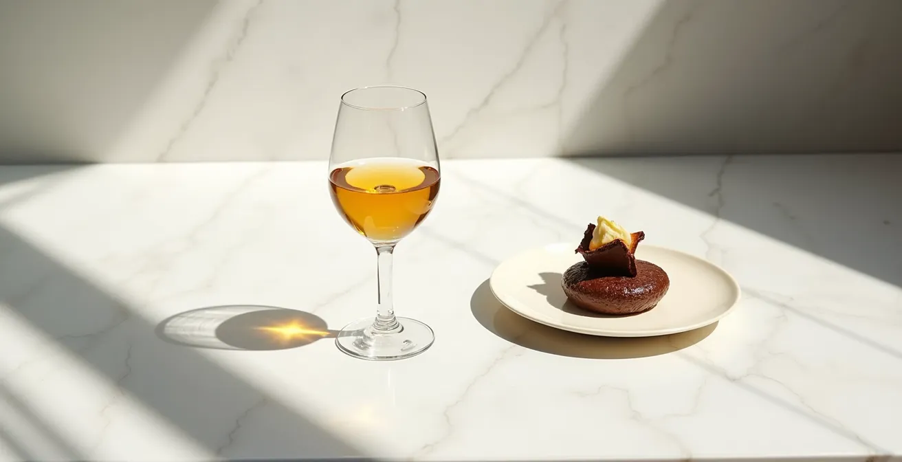 Elegante Dessertpräsentation mit goldenem Dessertwein in harmonischer Komposition