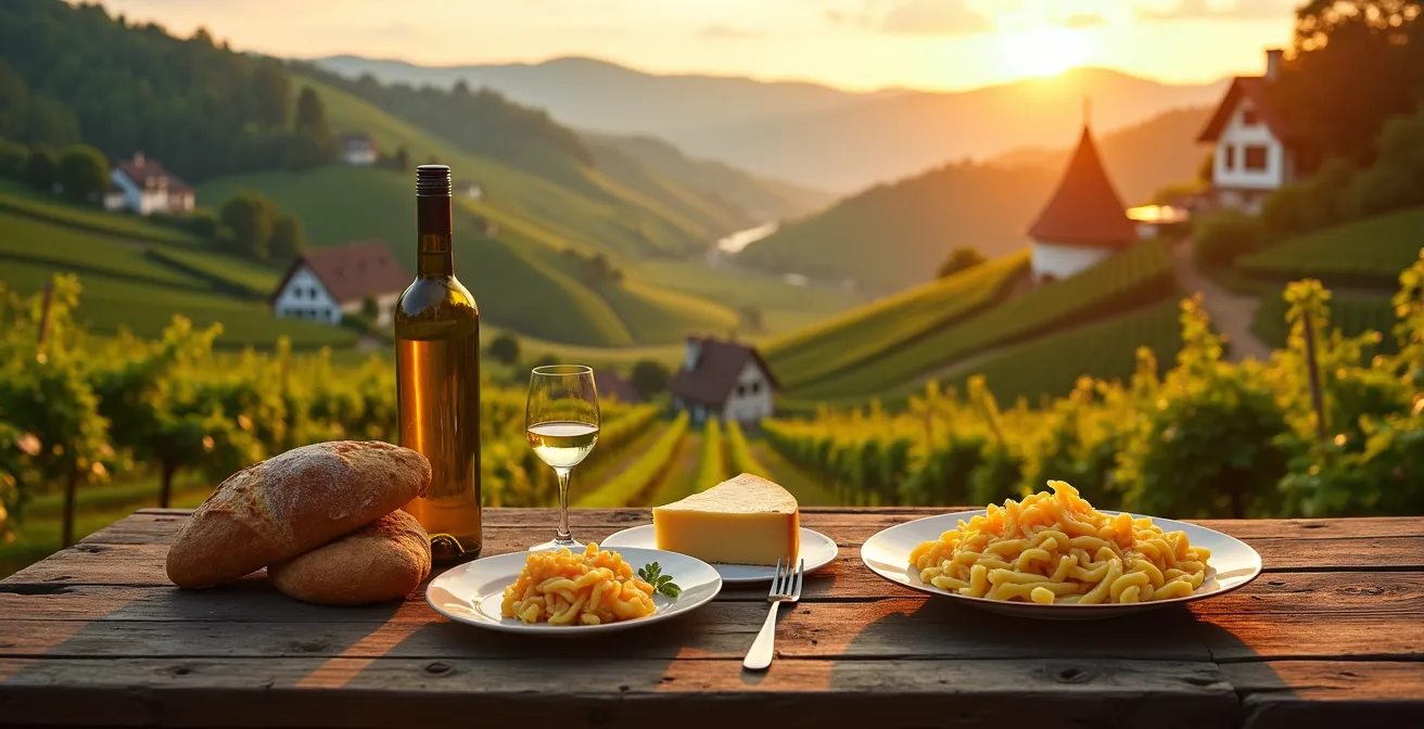 Malerische deutsche Weinberge mit traditionellen Fachwerkhäusern und regionalen Speisen im Vordergrund