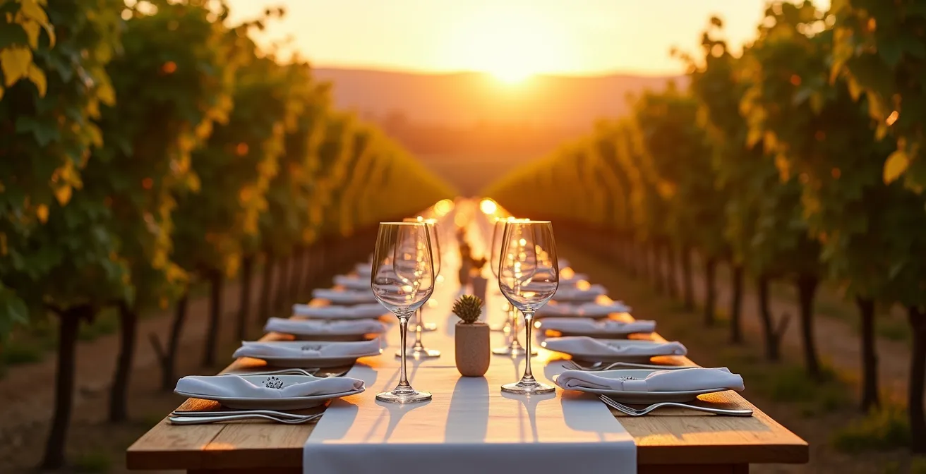 Elegantes Abendessen zwischen Weinreben bei goldenem Sonnenuntergang